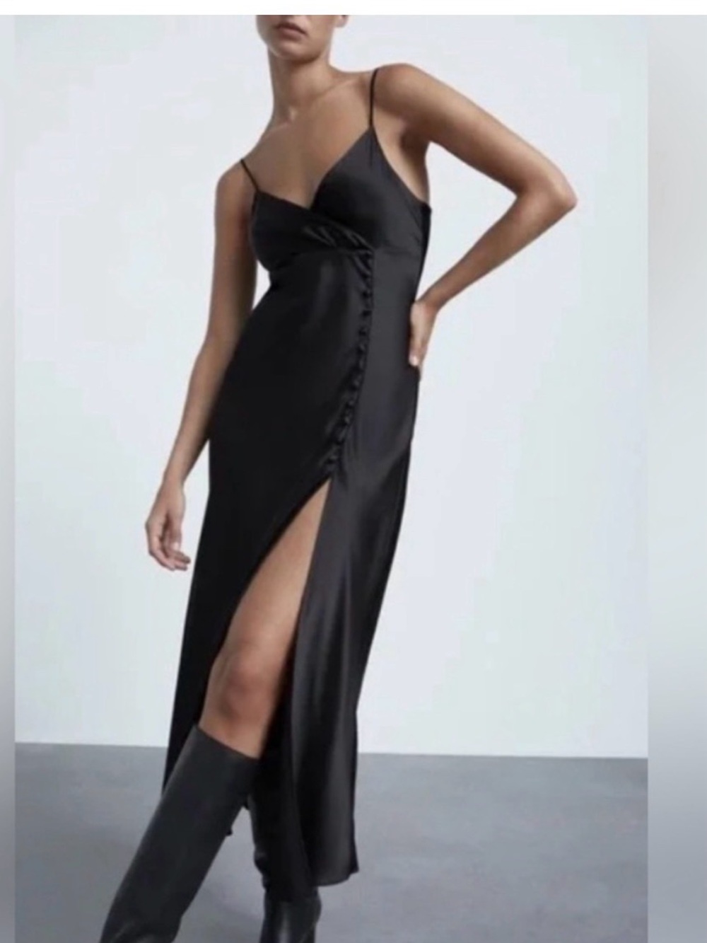 Zara Black Satin Slip Dress with Front Button Detail